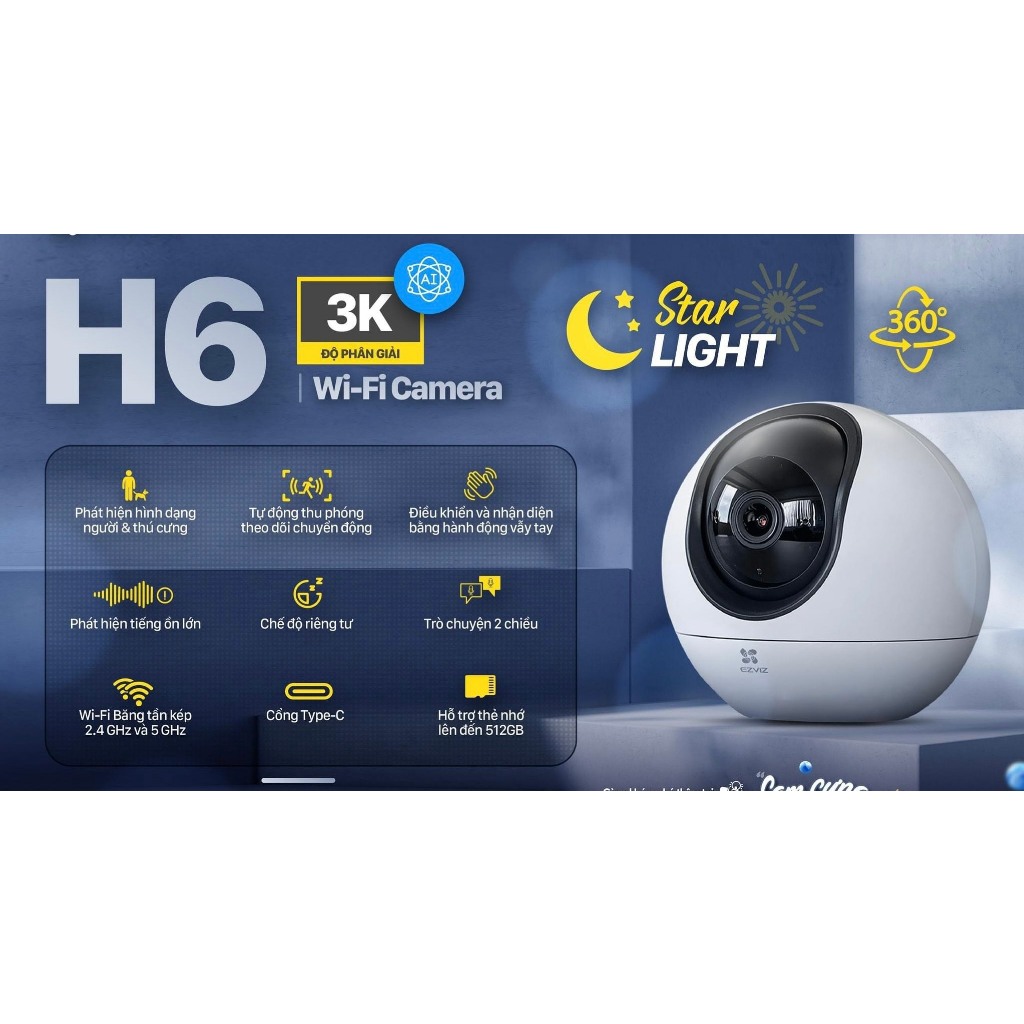 Camera Ezviz H6 3K cao cấp nhìn đêm công nghệ starlight
